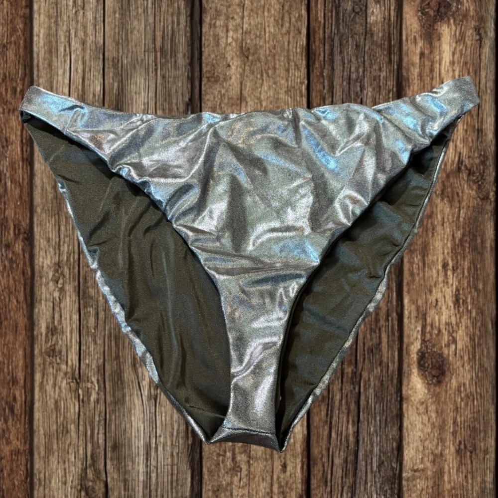Good American Stormy Foil Metallic Silver Bikini Bottoms Cybercore Glam Luxury